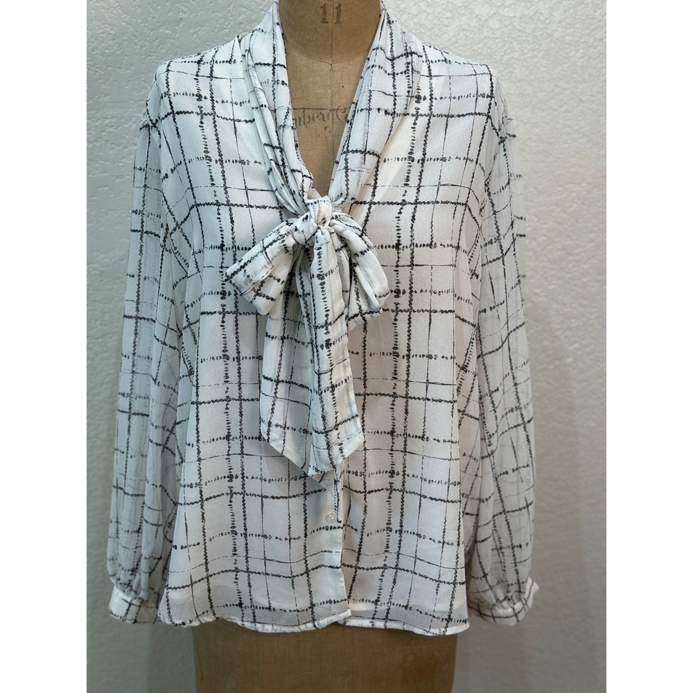 Chicos White Black Plaid Sheer Button Up Blouse Bow Tie Neck Womens Size 16‎